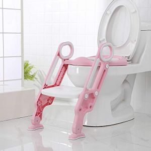 Siège de Toilette pour Enfants Pliable Et Réglable, Siège de Toilette échelle marches avec Marches Larges et Antidérapantes, Lunette de Toilette Rembourré Confortable-poudre + blanc (Hechheu, neuf)