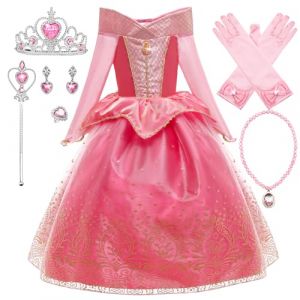 New front Robe Fille La Belle au Bois Dormant Robe de Costume Princesse Aurore Manches Longues Robe de Déguisement Cadeau d'anniversaire Noël Carnaval 3 à 8 Ans Enfant Cosplay, Rose,120 (New Front, neuf)