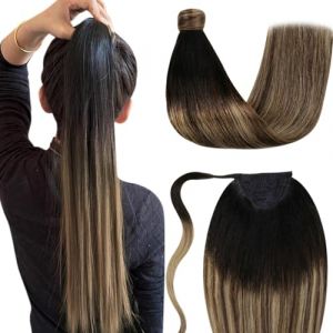 LaaVoo Extension Queue de Cheval Naturel Balayage Fraise Blonde Queue de Cheval Extension Naturel Cheveux Noir Ombre Brun Foncé Fraise Blonde 35cm/70g Extension Cheveux Naturel #1b/4/27 (Laavoo, neuf)