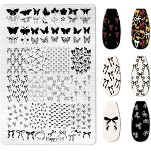 RUNRAYAY Butterfly Bow Nail Stamper, Plaque d'estampage d'ongles Pochoirs d'art d'ongle avec nœud papillon mignon Pochoirs à ongles imprimés Plaques à ongles en acier inoxydable Image Manucure (chengduniexiaduandianzishangwuyouxiangongsi, neuf)