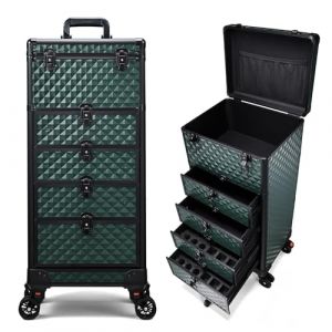 Valise de Maquillage avec 4 tiroirs Malette Maquillage Professionnel pour Salon de beaut&eacute; Malette onglerie Grand Valise Coiffeur avec Roues verrouillables, Vert fonc&eacute; (Bilinga, neuf)