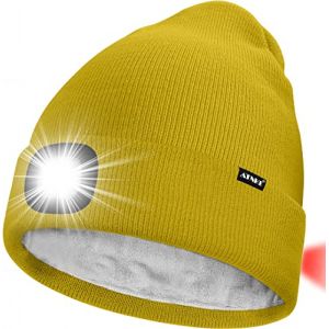 ATNKE Unisexe 8 LED Bonnet Lampe Frontale,USB Rechargeable Rouge Feu Arrière Clignotant Chapeau de Course Lumière Chaud Polaire Doublée Tricot Bonnet Cadeaux pour Hommes et Femmes/Yellow (Memorye, neuf)