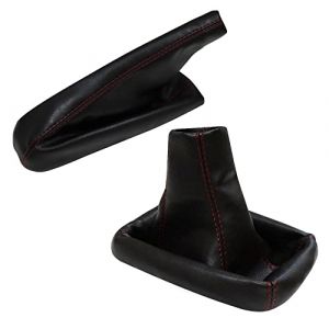 AERZETIX: Soufflet de Levier de Vitesse et Frein à Main en Simili Cuir Noir avec Coutures Rouges (Tuning, neuf)