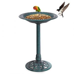 GOPLUS Mangeoire Oiseaux Ext&eacute;rieur, Plateau &phi;50CM, Abreuvoir Oiseaux Hauteur 72CM, Bain d'oiseaux en PP sur Pied, Base Remplissable, Design Antique, Bronze Vert (Augenstern24, neuf)