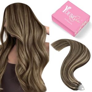 YoungSee Extension Cheveux Naturel à Froid 20 Pouces Extension Pose a Froid Anneaux Brun Fonce Highlights avec Blond Caramel Extension Cheveux Naturel Easy Loops 50 Brins 50g, 50.0 gramme (YoungSee Europe, neuf)