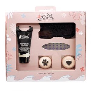 Tatouage temporaire Set S - Patte de Chat et Coeur - pour Enfants et Adultes Contenu: Tampon encreur, Encre Tatouage Noir, strass autocollants, 2 pierres de Tatouage taille S (ALPEXE France, neuf)