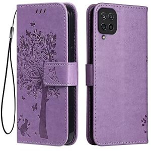 Topme &Eacute;tui en Cuir pour Samsung Galaxy A12 / M12 / A12 Nacho (6.5" inches), [ Coque Housse de T&eacute;l&eacute;phone Style Motif Chat Et Arbre] - Violet Clair (topme, neuf)