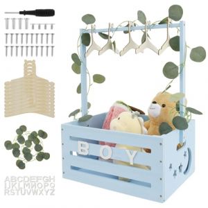 Panier cadeau en bois pour b&eacute;b&eacute; - 40 x 30 x 20 cm - Avec poign&eacute;e - Cintre - D&eacute;coration personnalis&eacute;e - Panier cadeau pour ranger les v&ecirc;tements de b&eacute;b&eacute;, les couches, les jouets (bleu ciel) (RQWXMEE, neuf)