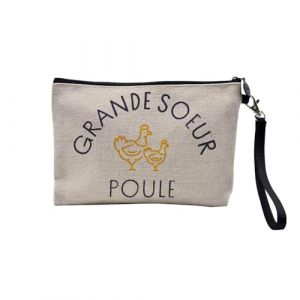 Pochette en Lin - Grande Soeur Poule Famille Animal Ferme - Trousse Maquillage en Toile Aspect Lin - Trousse de Toilette - 23,5 x15 cm (FabulousBOUTIK, neuf)