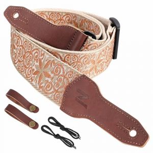 Nefelibata Sangle de guitare pour banjo, 5,1 cm de large, en cuir de vachette pleine fleur, r&eacute;glable, sangle de guitare multi-motifs avec corde de t&ecirc;te et bandeau en cuir (broderie fleur jaune) (QianYu EU, neuf)