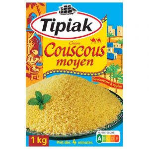 TIPIAK Couscous Moyen 1Kg - Le secret d'un plat savoureux - Semoule fine de bl&eacute; dur - Id&eacute;al pour couscous, salades et accompagnements - 100% naturel - - Lot De 4 - Vendu Par Lot (March&eacute; Parisien, neuf)