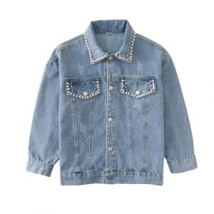Rolanko Veste en Jean pour Filles, Blousons de Bleu Denim de Base Délavé, Chemises en Jean Boutonnées Vers le Bas, Bleu Perle, Taille: 160 (rolanko, neuf)