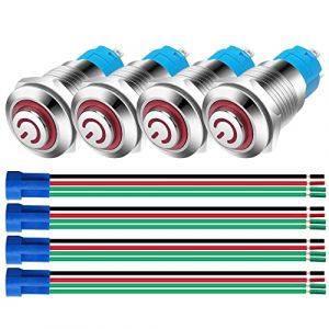Gebildet 4pcs 12mm SPST Interrupteurs à Bouton Poussoir à Verrouillage Automatique en Acier Inoxydable 3V-5V-6V-7.5V-9V-12 /3A LED NO Interrupteur à Bascule étanche avec Fiche de Prise de Fil (Rouge) (Gebildet-FR, neuf)