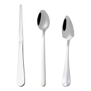SGERUFZ Set 3 Pi&egrave;ces en Acier Inoxydable Cuill&egrave;re &agrave; Pamplemousse et Couteau &agrave; Pamplemousse, Cuill&egrave;re &agrave; Fruits pour B&eacute;b&eacute; avec Bords Dentel&eacute;s pour Kiwi, Pommes, Pamplemousses (HerEdit, neuf)