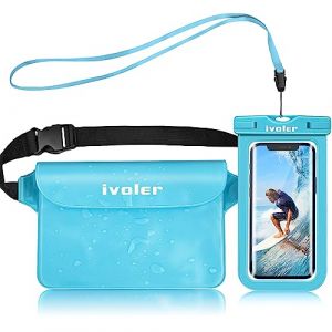 ivoler 2 en 1 Kit Étanche Sac Étanche avec Pochette Étanche Téléphone, Etui Pochette Imperméable à Ceinture avec Housse Étanche Smartphone pour Camping Nautique Kayak Pêche Rafting Natation-Bleu Clair (BOGEmall-AMFR, neuf)