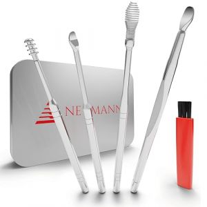 NEUMANN® Kit réutilisable de nettoyage des oreilles - acier inoxydable - Boîte de rangement pratique (boucle, spirale & forme de cuillère) Enlève-cérumen premium pour adultes [Argent acier inoxydable] (Wächter & Rehn, neuf)