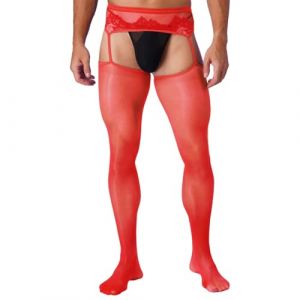 FEESHOW Collant Homme Sexy Transparent sous-vêtement Stocking Erotique Legging Sport Fitness Jogging Musculation Bas De Pyjama Plaisir Rouge Taille Unique (FEESHOWSTORE, neuf)
