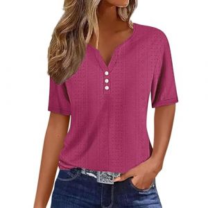 Chemisiers Et Blouses Femme Tunique Chemisier Femme Manche Courte Chic Et ÉLéGant Chemises Couleur Unie ÉTé Ample Haut Top à Revers LâChe Respirant Blouse Grande Taille Col V Button T Shirts (⭐⭐⭐⭐⭐5.0 Yaair-OEF, neuf)