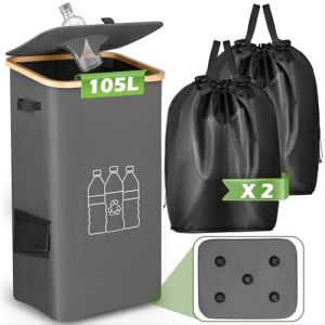 POFIBO 105L Collecteur de Bouteilles avec Couvercle, 2 Sacs de Rechange, Durable et Facile à Utiliser, Idéal pour Le Stockage des Bouteilles Vides et du Verre Usagé dans la Cuisine et Le Cellier (YALE YORK, neuf)