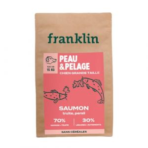 Franklin – Croquettes pour Chien – Gamme Proteinée – avec 70% de Saumon – Mono-protéine – sans Céréales – Peau et Pelage – Forme Triangle 18mm – 15 kg (Franklin Pet Food, neuf)