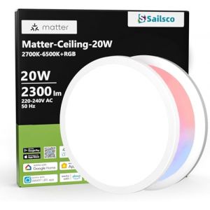 sailsco Plafonnier LED 20W,Smart Plafonnier LED RGB à intensité variable,Synchronisé avec la musique,Contrôle par application et compatibilité avec Matter/HomeKit/Alexa/Google Home-Rond (Sailsco FR, neuf)