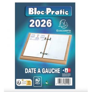 1 Bloc recharge pour &eacute;ph&eacute;m&eacute;ride, Bloc-Pratic 2026, Date &agrave; gauche, 8,2 x 12 cm, Bleu, sans Socle - Exacompta (&radic; Plannings, neuf)