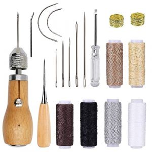 NICAVKIT Kit de couture manuel pour cuir - Avec poin&ccedil;on, rouleaux de fil cir&eacute;, anneau en laiton, aiguilles &agrave; coudre bricolage &agrave; la main outil outils pour r&eacute;paration de moquette, cuir et toile (NICAVKIT-FR, neuf)