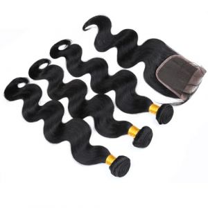Tissage Naturel Cheveux Humain tissage bresilien avec closure tissage Cheveux Naturel Body Wave Human Hair Bundles with closure Couleur Noire Naturelle 18 20 22+16 Pouce (fulgent sun hair store, neuf)