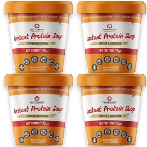Protermars Soupe instantanée protéinée au poulet et aux champignons, 25 g, faible teneur en glucides, sans gluten, sans allergènes, vraie viande, compatible avec le régime cétogène, lot de 4 (Crispy Meat Snacks, neuf)