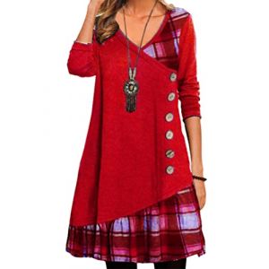 Onsoyours robe pour femme, style d&eacute;contract&eacute;, manches longues, col en V, pull, robe &eacute;l&eacute;gante, automne hiver, patchwork, coupe crayon, robes, tunique, sweatshirt, Rouge, M (Zeigood Mode, neuf)