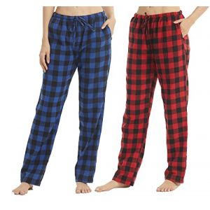 YUSHOW Lot de 2 Bas de Pyjama Femme Coton en Flanelle &agrave; Carreaux Ultra Doux Pantalon Pyjama Flanelle avec Poches, Bleu &agrave; carreaux noirs + carreaux rouges (lot de 2), L (YUSHOW Sports, neuf)