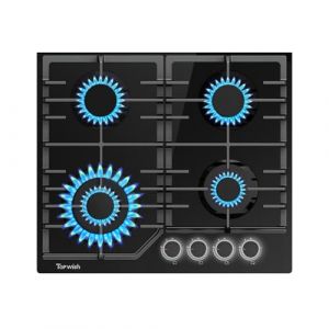TOPWISH plaque de cuisson gaz 4 feux, plaque gaz 4 feux, table de cuisson encastrable 60cm avec blanc bouton rotatif &eacute;clair&eacute;, NG/LPG d&eacute;capotable, protection d'extinction, allumage automatique, 8000W (Vanston Xibei, neuf)