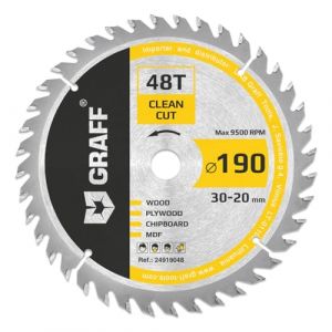 GRAFF Lame de Scie Circulaire à Bois 190 x 30 mm 48 Dents (anneau 20 mm) - Idéale pour Fines Dans le Bois Tendre et Dur - Compatible Scies À Onglets Et Scies De Table avec Dewalt Makita Bosch (UAB Handproftools, neuf)