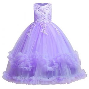 IWEMKE Enfants Filles Robe Mariage Tulle Dentelle Robe Princesse Longue Fleur Brod&eacute;e Soir&eacute;e Demoiselle d'honneur Robe Tutu sans Manches pour Pageant Bapt&ecirc;me F&ecirc;te Carnaval Violet Volant 7-8 Ans (IWEMEK, neuf)