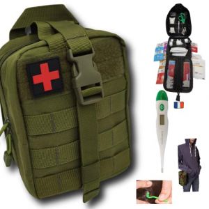 Trousse de secours randonnée complete militaire verte tactique survie Assemblée en FRANCE kit survie avec thermomètre digital + 3 tire tiques Conçue,voyage,maison (Secuenor, neuf)