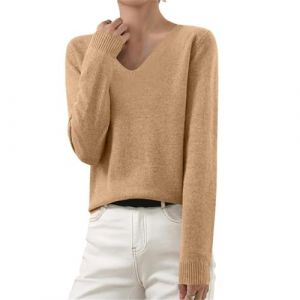 Pull Cachemire Femme Pull Femme Chic Chaud Pas Cher Couleur Unie Col V Hauts Manche Longue Pull en Tricot Femme Hiver Leger Chic et Elegant Cadeau Noel,Camel,M,F152R (Routefuture, neuf)