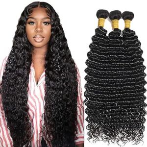 AiPliantfis Tissage Bouclé Naturel Deep Wave Human Hair Bundles Tissage Brésilien Human Hair Double Weft Unprocessed Virgin 300g Total Tissage bresilien for Women 28 30 32 Pouce (GongBei Hair, neuf)