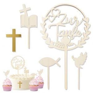 GGUFAY Lot de 5 Décoration Gâteau Bois, Comprend une Croix Dorée, Décoration Baptême Gâteau Enfant, Baptême Garçon & Première Fille, Décor Cake Topper, Communion (Rfervgauk, neuf)