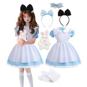 ChouGlow Robe de princesse pour fille - Costume d'Alice au pays des merveilles - Bleu - Ensemble de 7 pi&egrave;ces pour d&eacute;guisement, carnaval, No&euml;l, Halloween, anniversaire (150) (choulin, neuf)