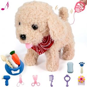 Interactive Marche en Peluche Chiot Jouet Chien, Commande à Distance électronique Chien Robot réaliste Wagging Queue, Riche Set de Soins, Jouet Cadeau pour Enfants âges 3, 4, 5, 6 (Golden) (YOLITECH-FR, neuf)