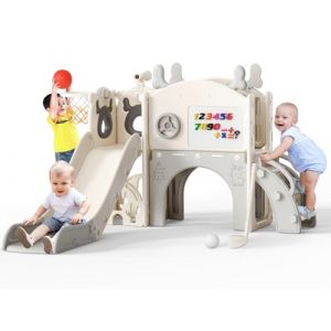 Toboggan pour Enfants 10 en 1 en Forme d'&eacute;lan avec Panier de Basket, Golf, t&eacute;lescope, Structure d'escalade,Toboggan d'int&eacute;rieur pour Enfants,Jouets d'aire de Jeux Montessori(Beige-Gris) (WARM HEART LIMITED, neuf)