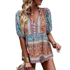 CNTSFS Chemisier &eacute;l&eacute;gant et d&eacute;contract&eacute; pour femme, style boh&egrave;me, col en V, motif floral, tunique ample, manches longues, pour l&rsquo;&eacute;t&eacute;, bleu ciel, XL (CNTSFS, neuf)