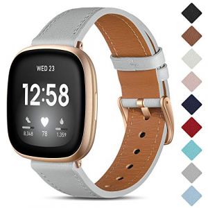 CeMiKa Bracelet en Cuir Compatible avec Fitbit Sense/Fitbit Versa 3, Premium Cuir Véritable Band de Remplacement Compatible avec Fitbit Sense/Fitbit Versa 3 Bracelet, Gris/Or Rose (CeMiKa Store, neuf)