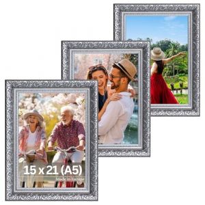Victor Cadre Photo Rubens Set de 3 - en 15x21 cm (A5) Noir Argent - Bar: 30x20mm - Verre Véritable - Châssis pour l'image Baroque - Vintage 15x20 - A5 Ancien (Victor_Store, neuf)