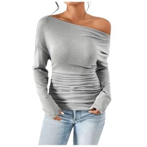 Pull &agrave; &eacute;paules d&eacute;nud&eacute;es pour femme, &eacute;l&eacute;gant, t-shirt pour femme, &eacute;paules d&eacute;nud&eacute;es, couleur unie, d&eacute;contract&eacute;, coupe ajust&eacute;e, t-shirt d'hiver basique, haut l&eacute;ger, tunique classique pour femme, gris, S (Youmianhui, neuf)