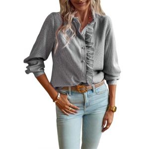 NARUPE Chemisier Femme &agrave; Manches Longues avec Imprim&eacute;e Ray&eacute;e, Col Raffin&eacute; et Volants, Chemisier &Eacute;l&eacute;gant &agrave; Col Montant pour le Bureau et Travail, Noir , L (JINGCHUSHANGMAO, neuf)