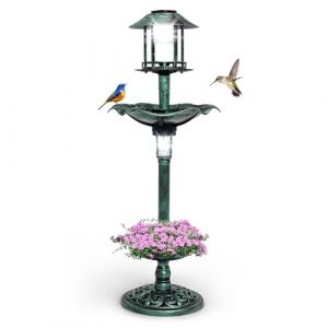 GOPLUS Mangeoire Oiseaux Ext&eacute;rieur Solaire, Bain d'oiseaux sur Pied avec 2 Lampes &agrave; Energie Solaire, Support Remplissable, 3 Piquets, Abreuvoir Oiseaux &phi;43x110cm pour Jardin, Cour (Vert) (Augenstern24, neuf)