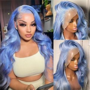 Perruque Lace Front Wig naturelle Body Wave bleu lac, cheveux naturels, pre-plucked, avec naissance des cheveux naturelle, densité 180%(Light Blue,18 Inch) (zhuyanbo, neuf)