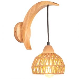iDEGU Applique Murale Int&eacute;rieure en Bois et Rotin Suspension Luminaire Industrielle Design Croissant E27 &Eacute;clairage Mural R&eacute;glable Lampe Murale Vintage pour Chambre Salon Cuisine Entr&eacute;e Caf&eacute; (Marron) (IDEGU, neuf)