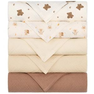 Yukkidds Langes B&eacute;b&eacute; 60x60 cm en Mousseline de Coton &ndash; Ultra Doux, &Eacute;pais et Super Absorbant &ndash; Multi-Usages Couverture et Bavoir &ndash; Lot de 5, Fille et Gar&ccedil;on Ours Marron (Yukkidds UK, neuf)